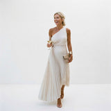 Navy Fine Pleated One-Shoulder A-Line Maxi Wedding Guest Dress | Novelle Collection 0