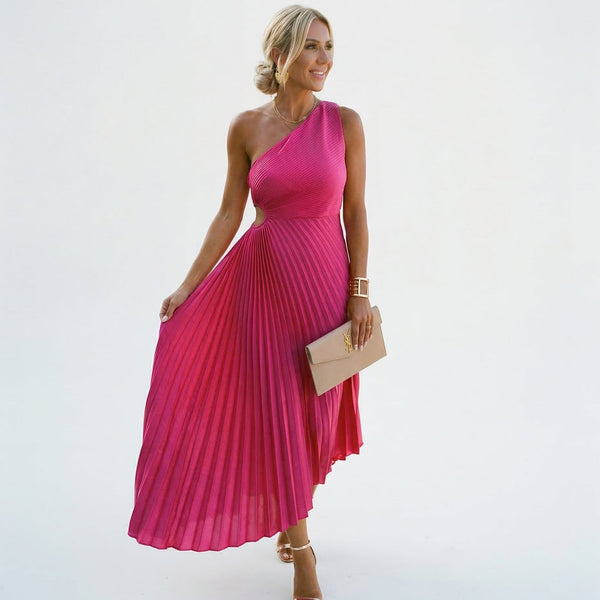 Navy Fine Pleated One-Shoulder A-Line Maxi Wedding Guest Dress | Novelle Collection 1