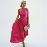 Navy Fine Pleated One-Shoulder A-Line Maxi Wedding Guest Dress | Novelle Collection 1