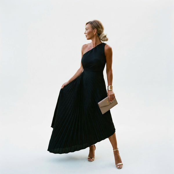 Navy Fine Pleated One-Shoulder A-Line Maxi Wedding Guest Dress | Novelle Collection 3