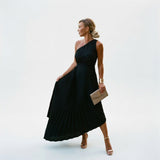 Navy Fine Pleated One-Shoulder A-Line Maxi Wedding Guest Dress | Novelle Collection 3