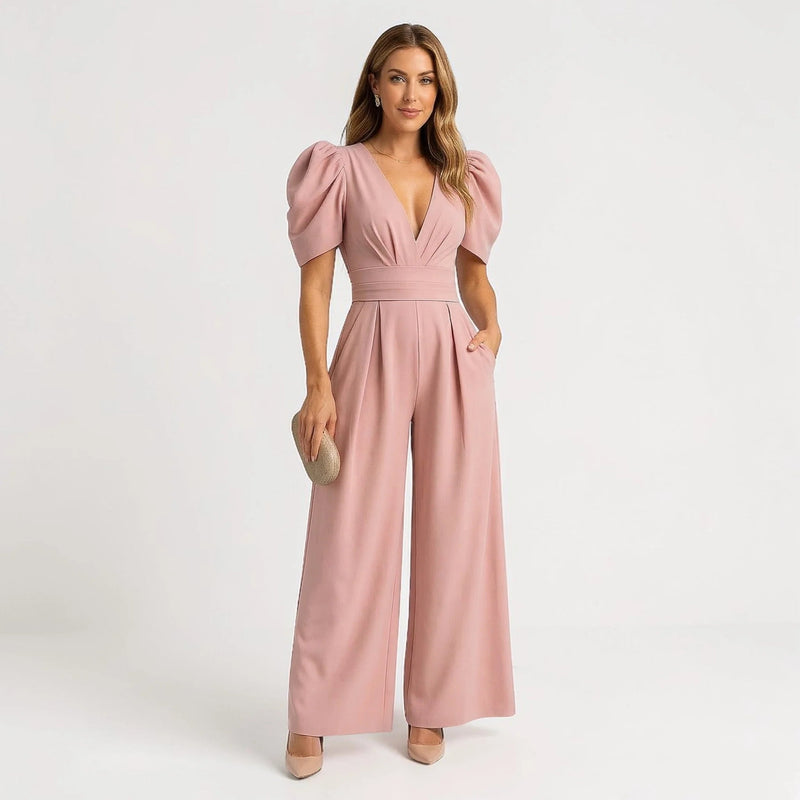 Navy Tailored Puff Sleeve Wide-Leg Jumpsuit Formal Occasion | Novara Collection 0