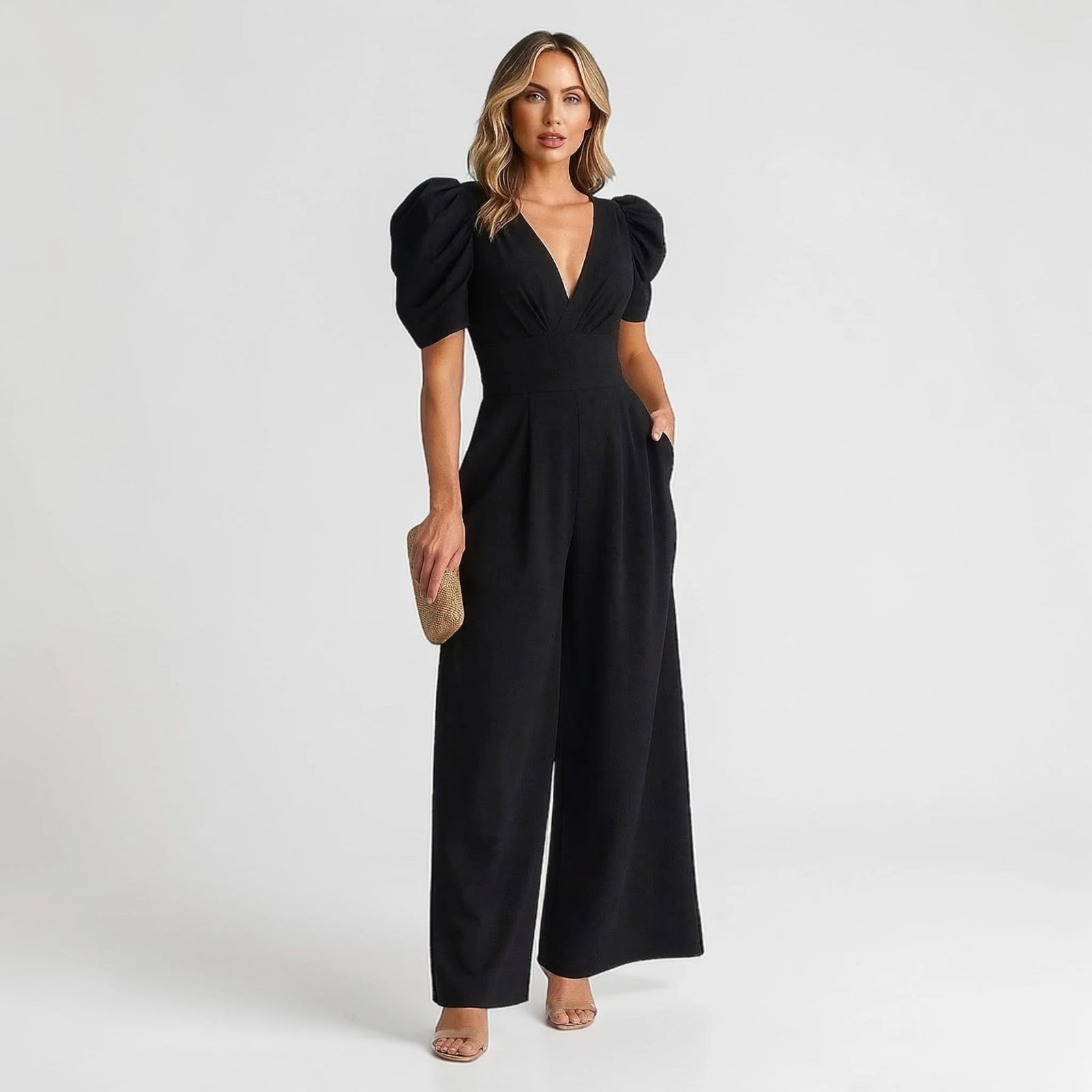 Navy Tailored Puff Sleeve Wide-Leg Jumpsuit Formal Occasion | Novara Collection 2