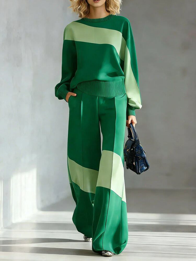 Colorblock Patchwork Crew Neck Long Sleeve Wide Leg Pant Set | Zaria Collection
