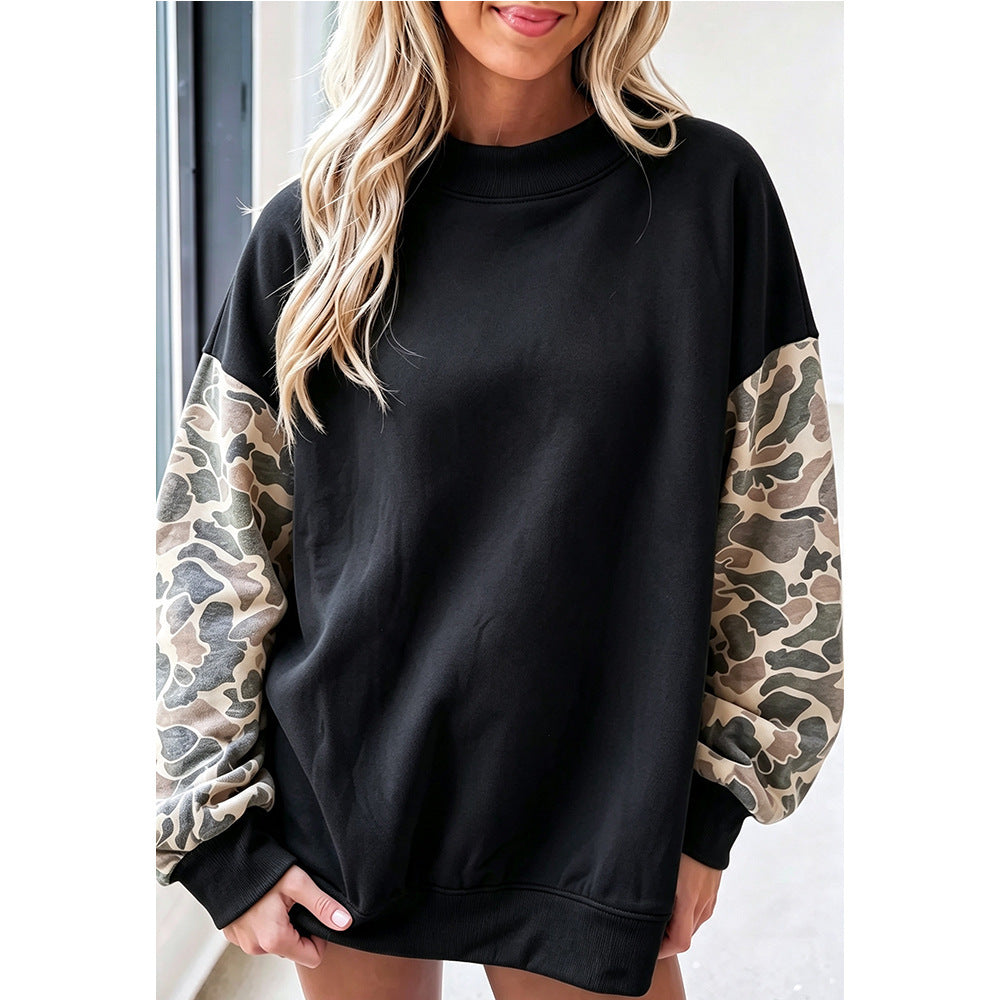 Women's Camouflage Fleece Sweatshirt | Loose Mock-Neck Winter Pullover
