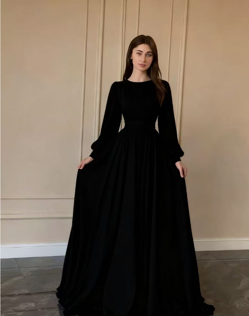 Button U-Neck Princess Sleeve A-Line Maxi Evening Dress | Solstice