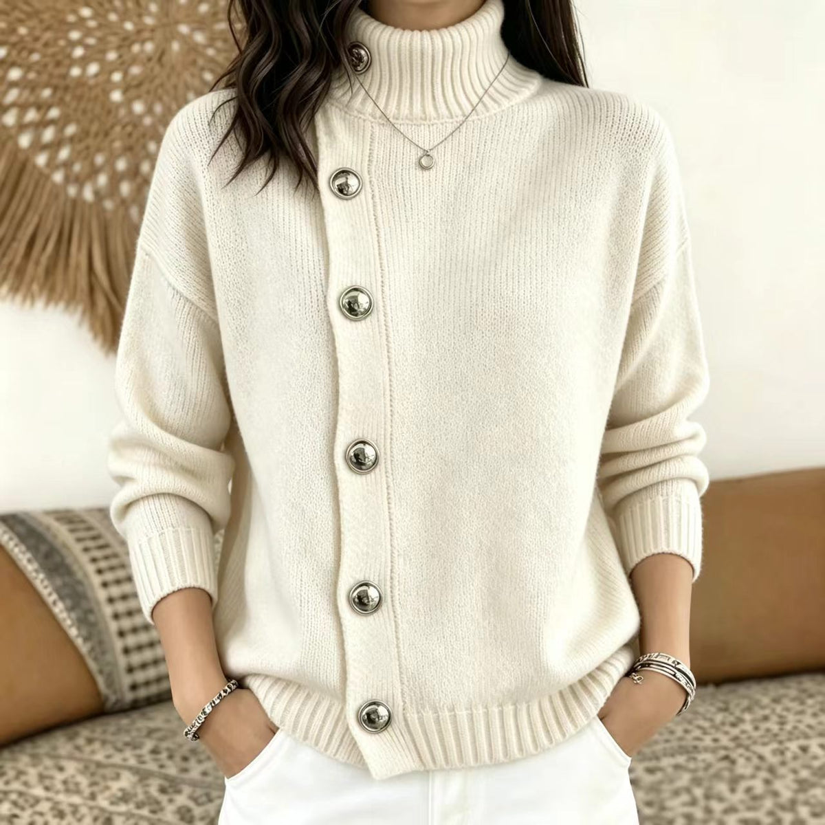 Women's Solid Knit Winter Sweater | Loose Fit Metal Button Cardigan
