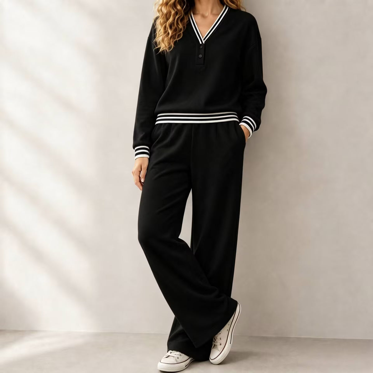 Women's Knitted Autumn Pant Set | Loose V-Neck Two-Piece Tracksuit