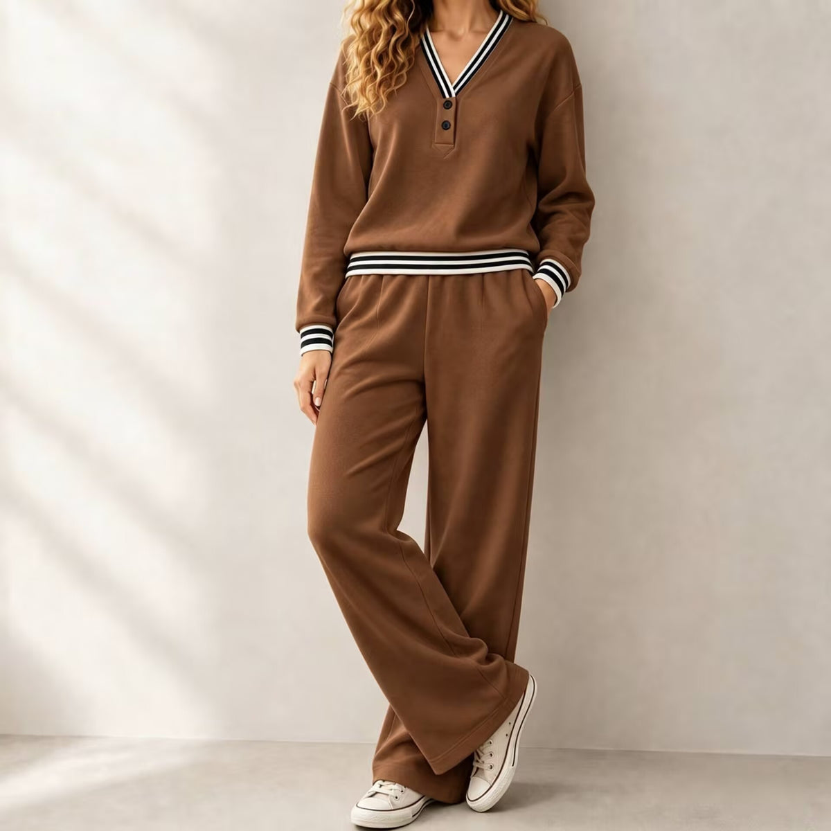 Women's Knitted Autumn Pant Set | Loose V-Neck Two-Piece Tracksuit