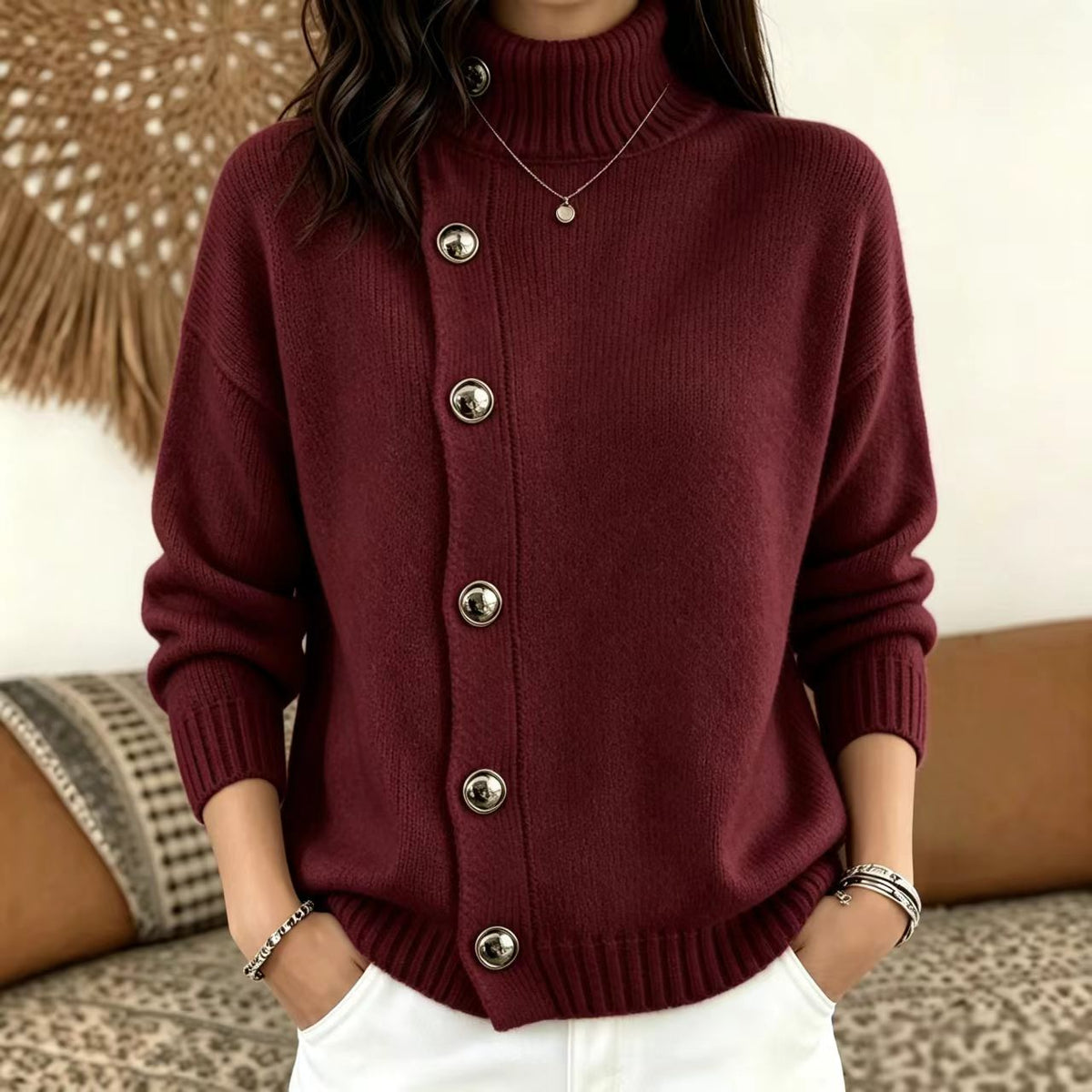 Women's Solid Knit Winter Sweater | Loose Fit Metal Button Cardigan