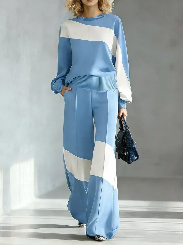 Colorblock Patchwork Crew Neck Long Sleeve Wide Leg Pant Set | Zaria Collection