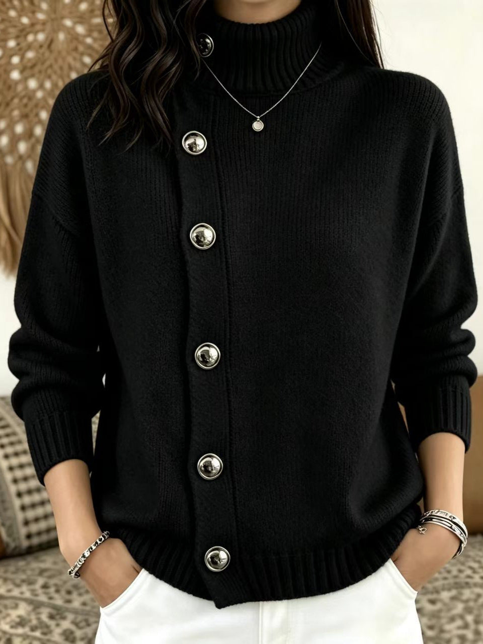 Women's Solid Knit Winter Sweater | Loose Fit Metal Button Cardigan