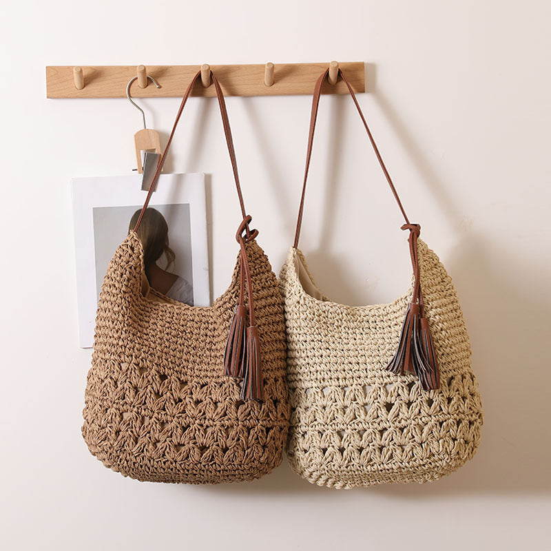 Semi-Openwork Straw Tote – Artisan Woven Hybrid Handbag
