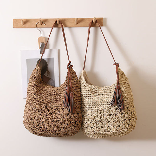 Semi-Openwork Straw Tote – Artisan Woven Hybrid Handbag