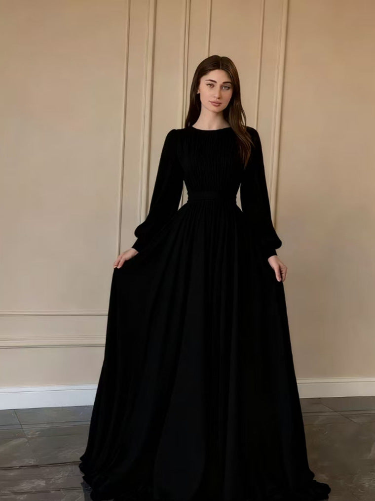 Button U-Neck Princess Sleeve A-Line Maxi Evening Dress | Solstice