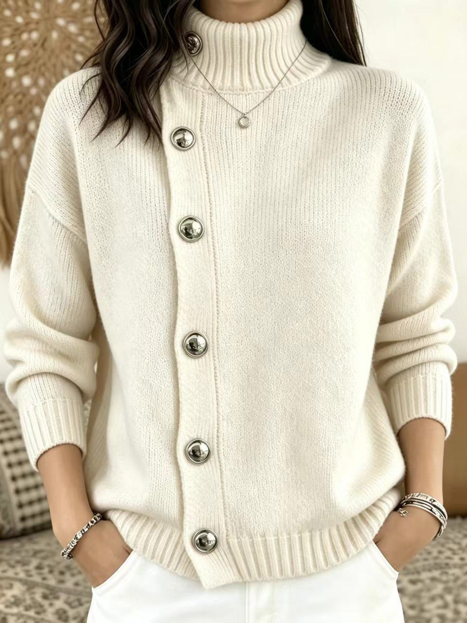 Women's Solid Knit Winter Sweater | Loose Fit Metal Button Cardigan