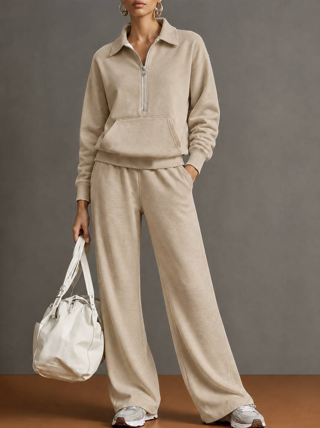 Women's Solid Zip Sweatshirt Tracksuit | Casual Oversized Autumn Set