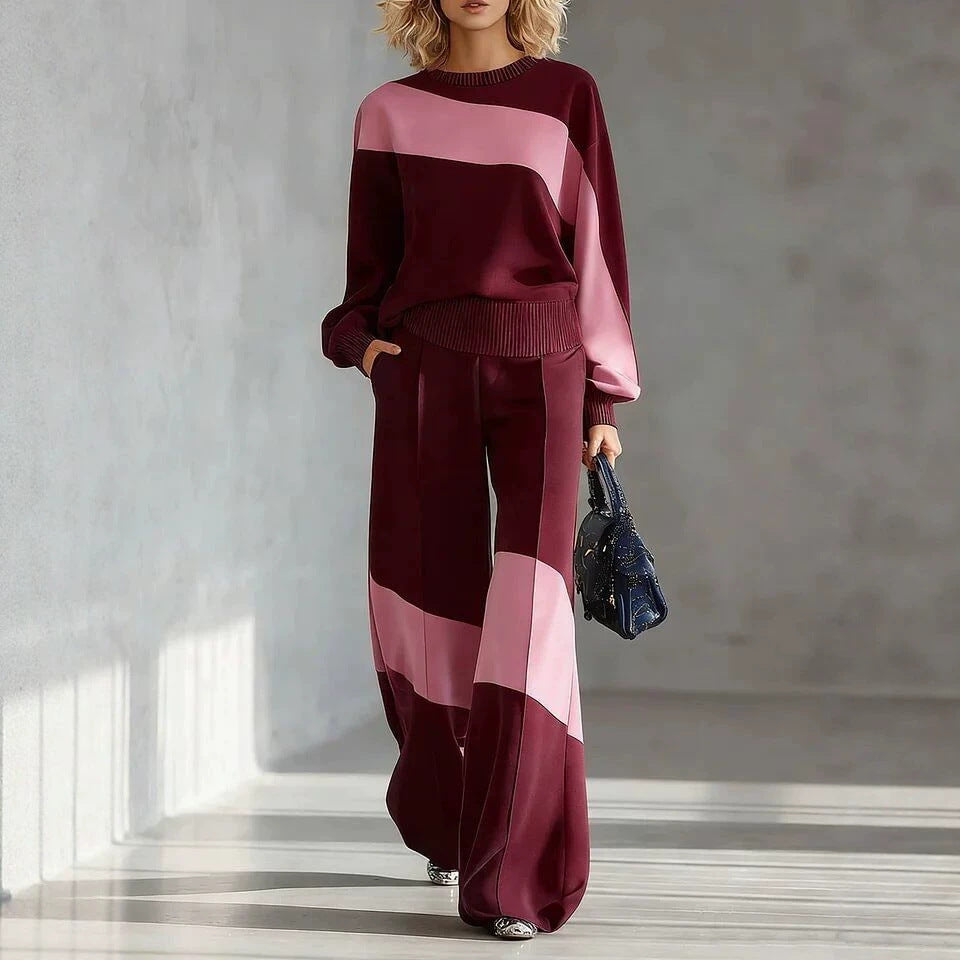 Colorblock Patchwork Crew Neck Long Sleeve Wide Leg Pant Set | Zaria Collection