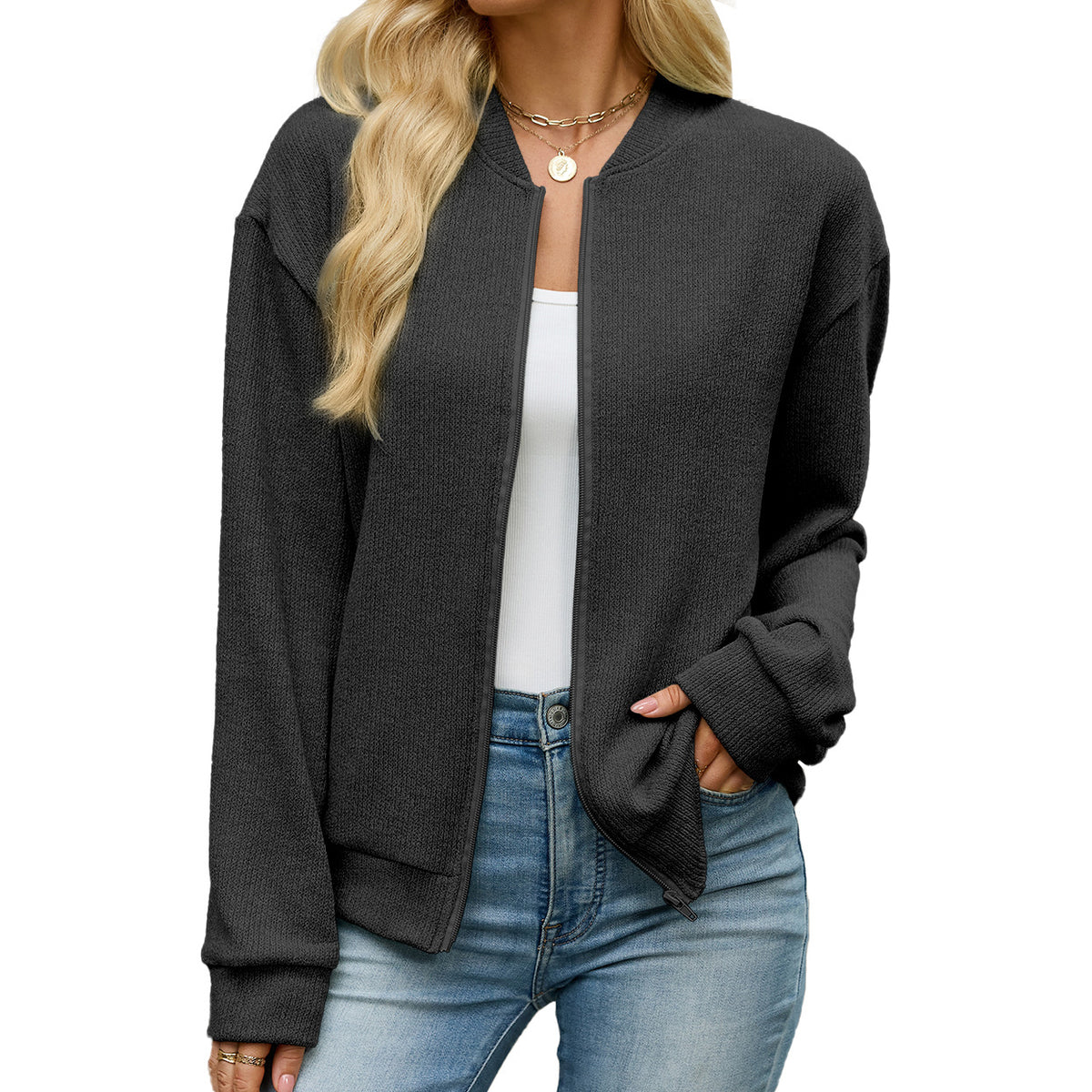 Women's Solid Sweatshirt Jacket | Loose Fit Casual Zipper Top