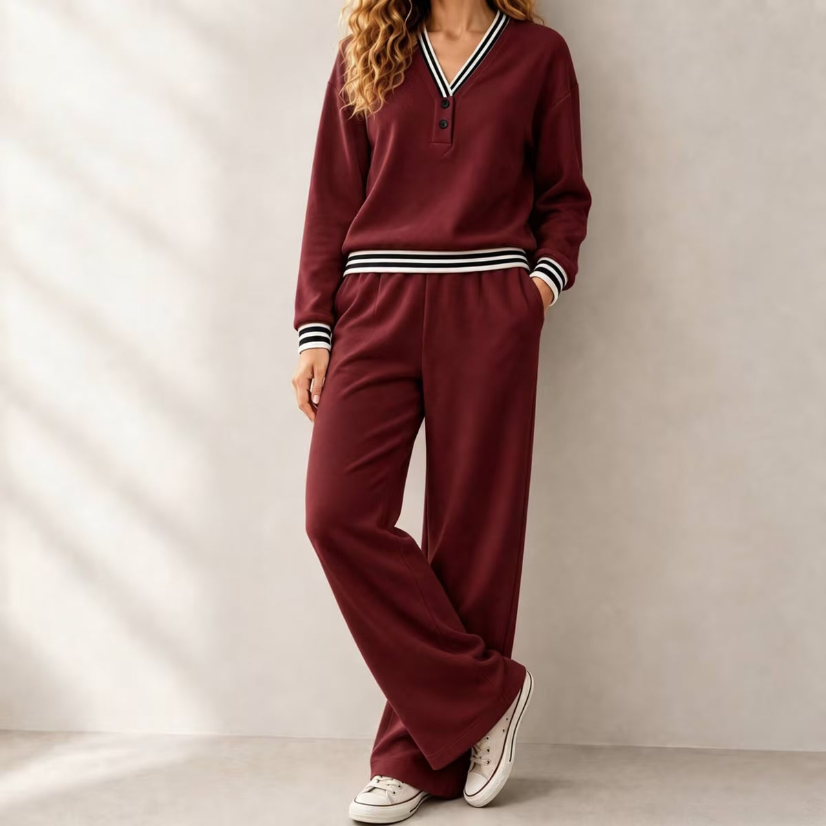 Women's Knitted Autumn Pant Set | Loose V-Neck Two-Piece Tracksuit