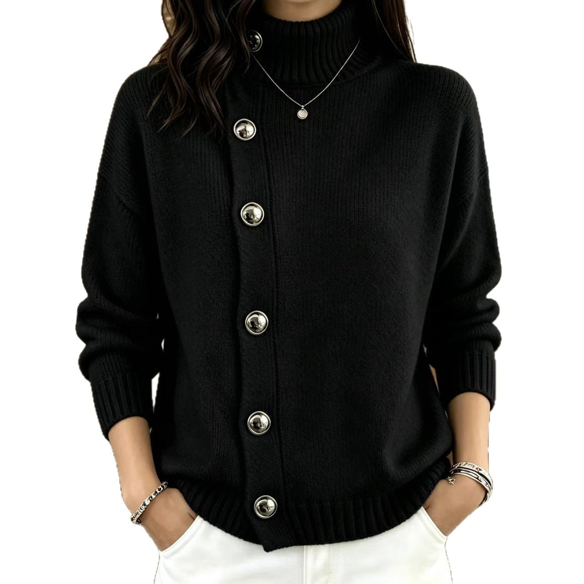 Women's Solid Knit Winter Sweater | Loose Fit Metal Button Cardigan