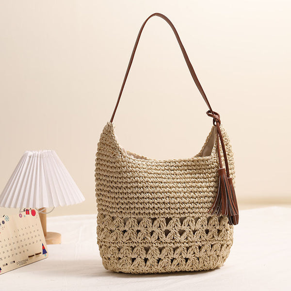 Semi-Openwork Straw Tote – Artisan Woven Hybrid Handbag
