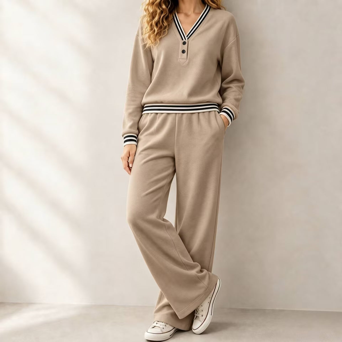 Women's Knitted Autumn Pant Set | Loose V-Neck Two-Piece Tracksuit
