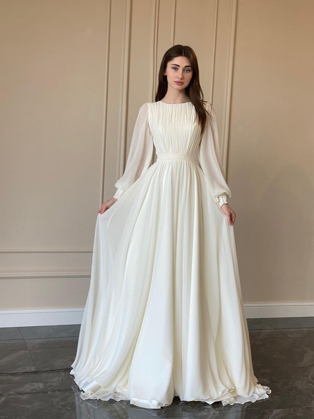 Button U-Neck Princess Sleeve A-Line Maxi Evening Dress | Solstice