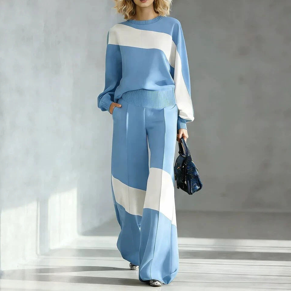 Colorblock Patchwork Crew Neck Long Sleeve Wide Leg Pant Set | Zaria Collection