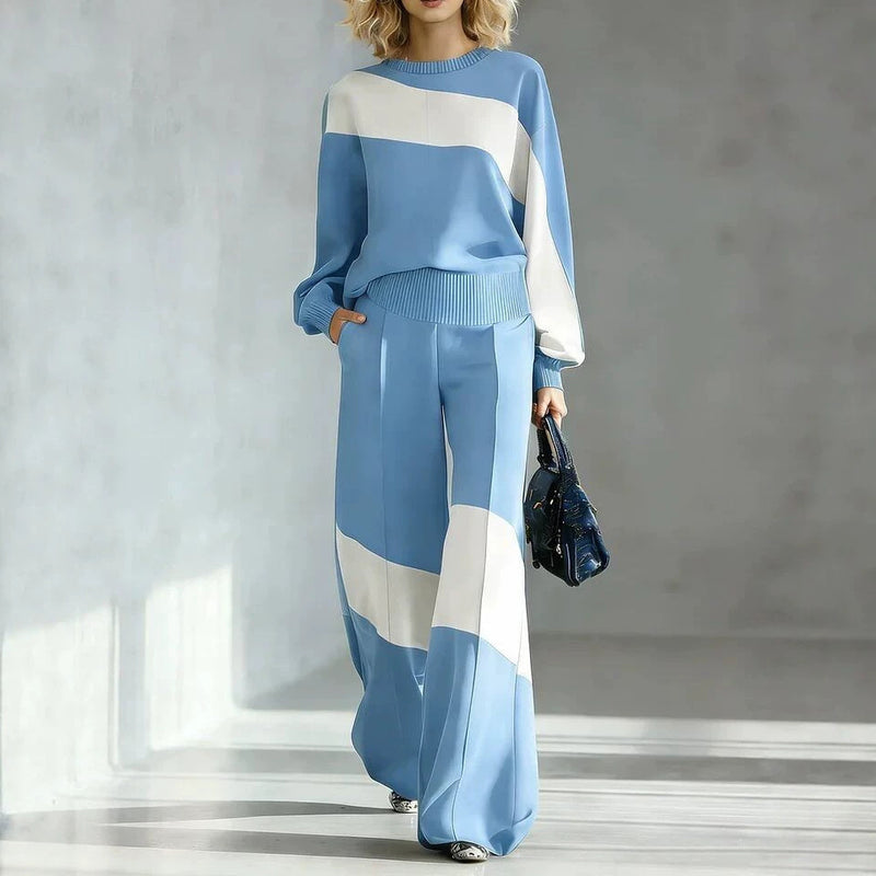 Colorblock Patchwork Crew Neck Long Sleeve Wide Leg Pant Set | Zaria Collection