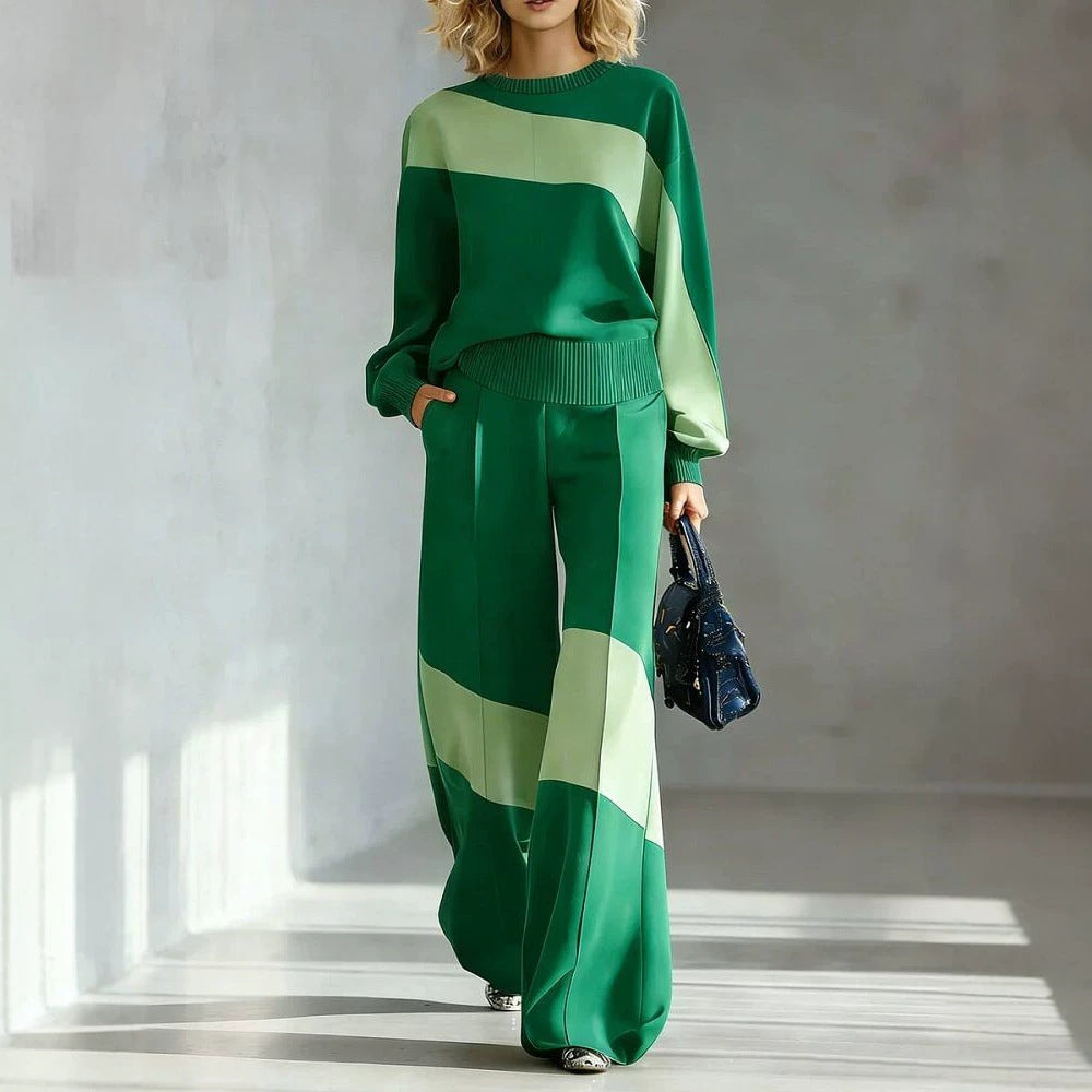 Colorblock Patchwork Crew Neck Long Sleeve Wide Leg Pant Set | Zaria Collection