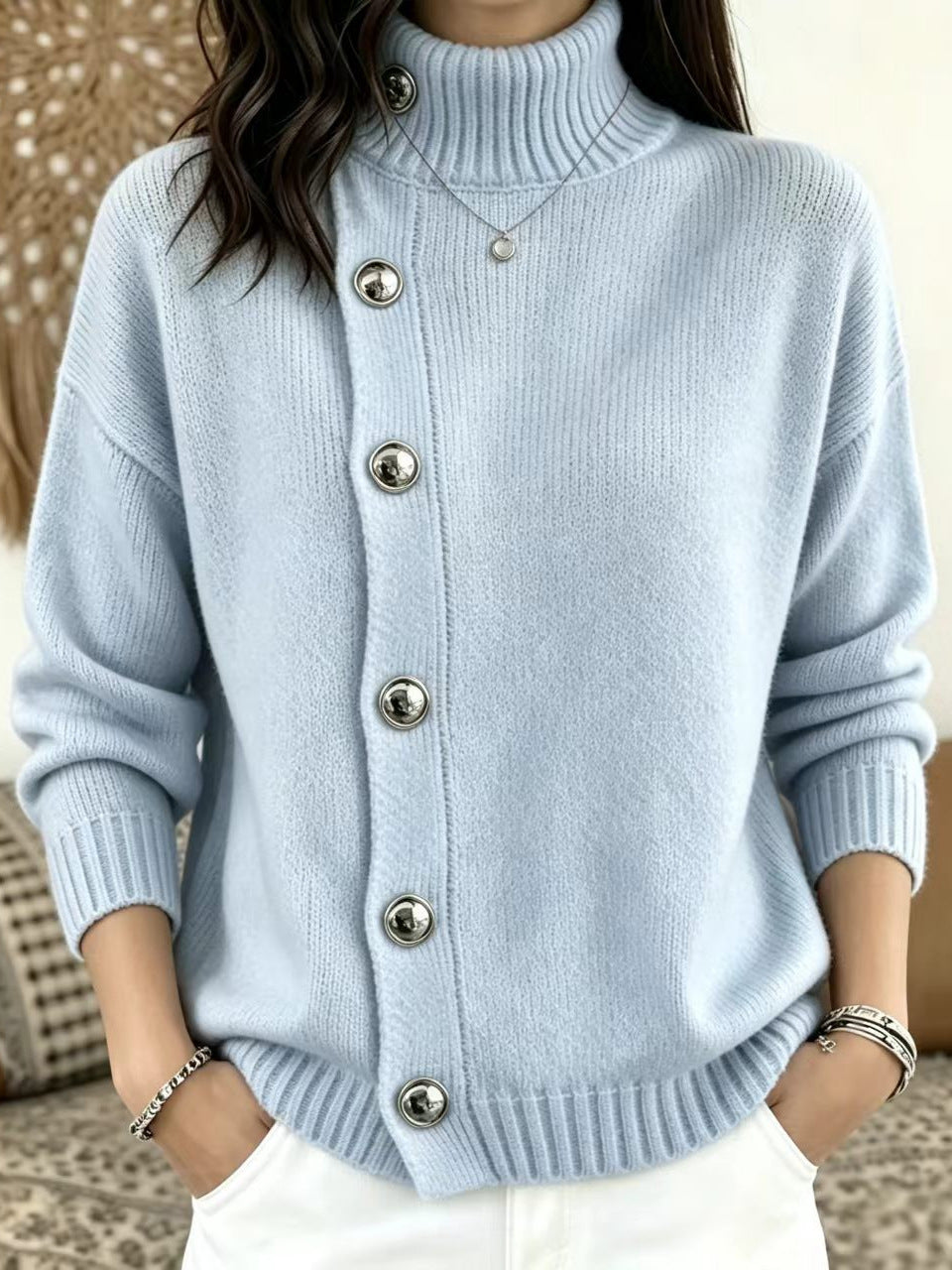 Women's Solid Knit Winter Sweater | Loose Fit Metal Button Cardigan