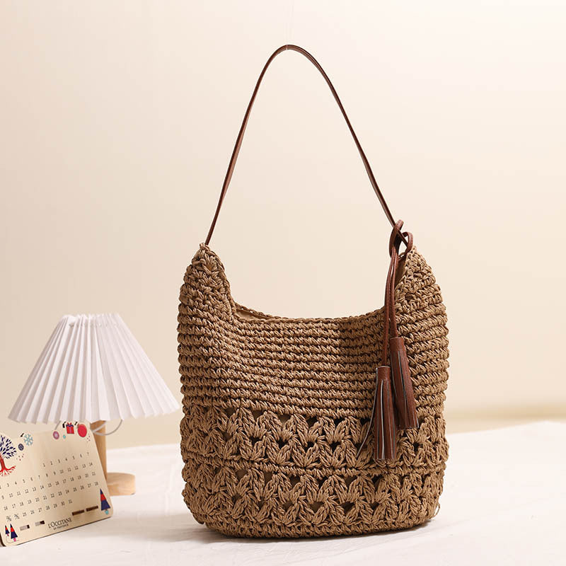 Semi-Openwork Straw Tote – Artisan Woven Hybrid Handbag