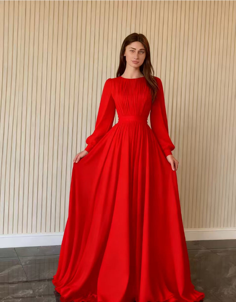 Button U-Neck Princess Sleeve A-Line Maxi Evening Dress | Solstice