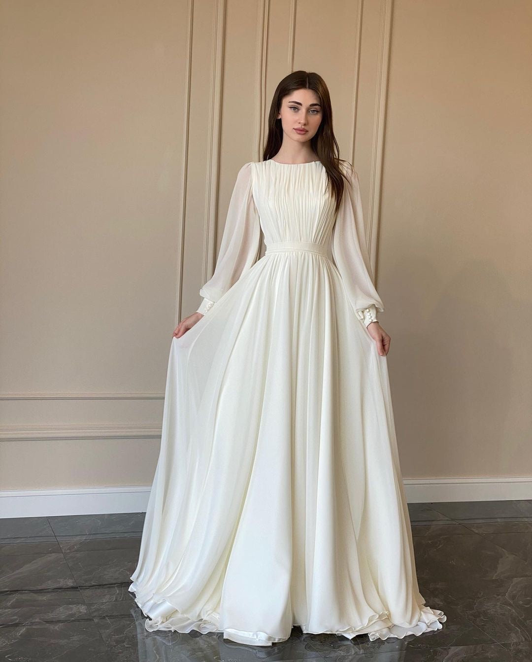 Button U-Neck Princess Sleeve A-Line Maxi Evening Dress | Solstice