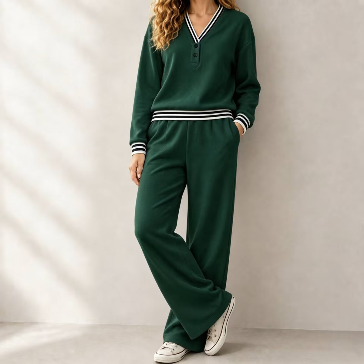 Women's Knitted Autumn Pant Set | Loose V-Neck Two-Piece Tracksuit
