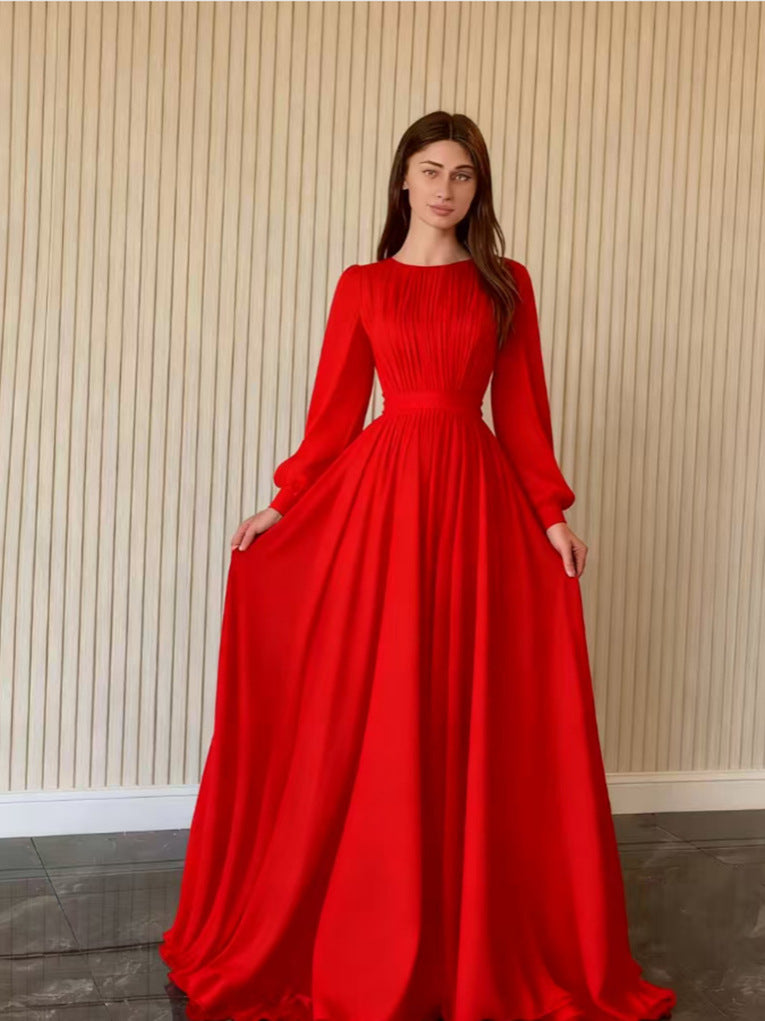 Button U-Neck Princess Sleeve A-Line Maxi Evening Dress | Solstice