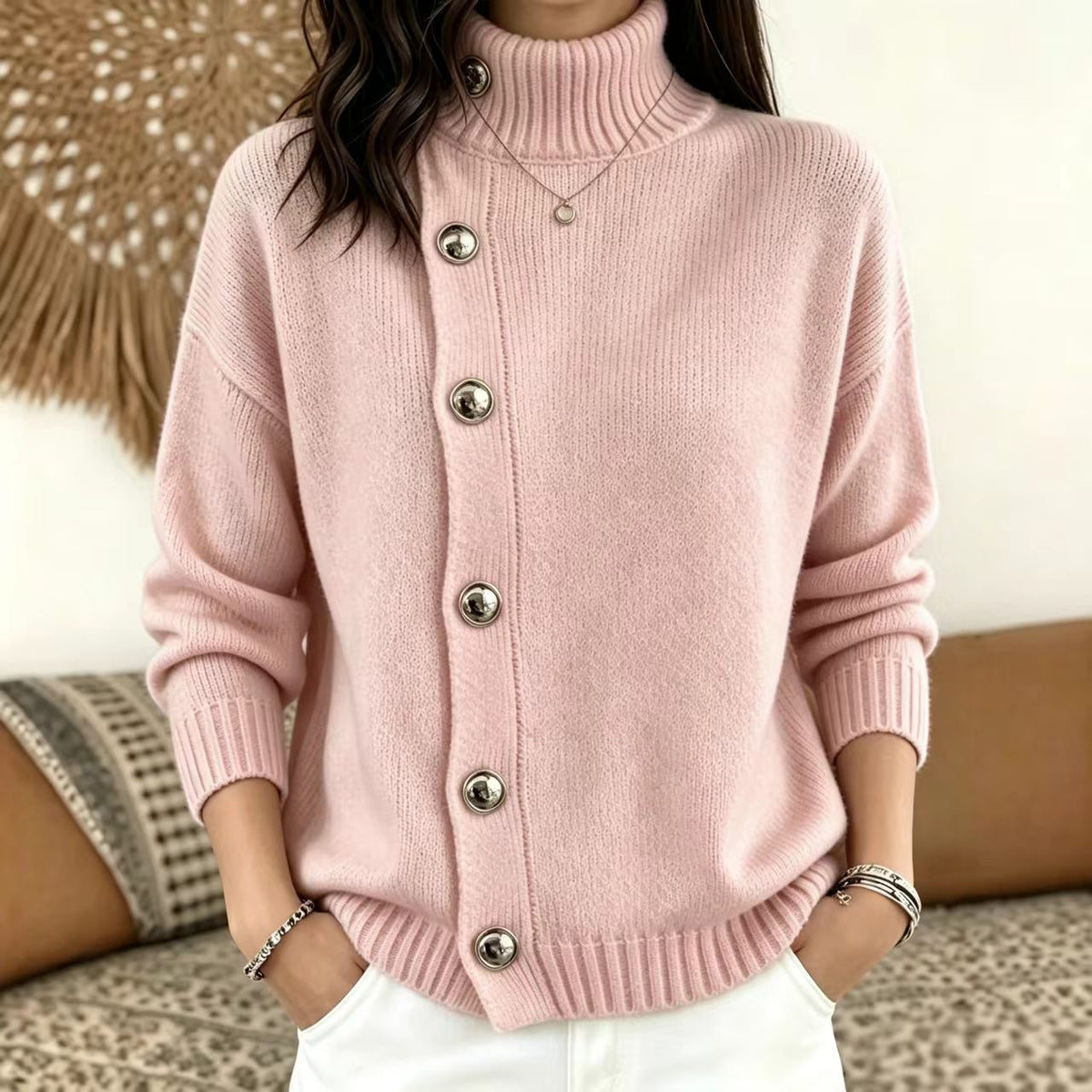 Women's Solid Knit Winter Sweater | Loose Fit Metal Button Cardigan