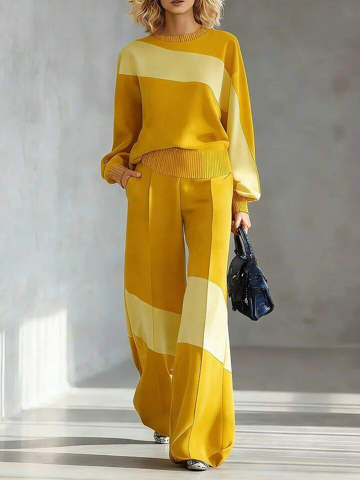 Colorblock Patchwork Crew Neck Long Sleeve Wide Leg Pant Set | Zaria Collection