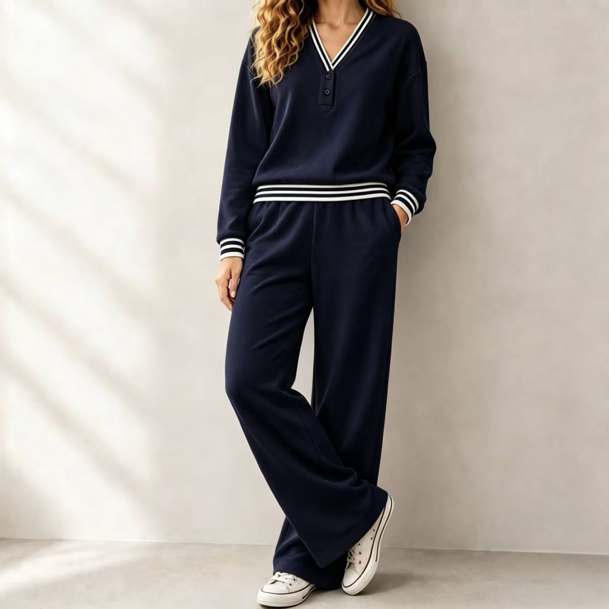Women's Knitted Autumn Pant Set | Loose V-Neck Two-Piece Tracksuit