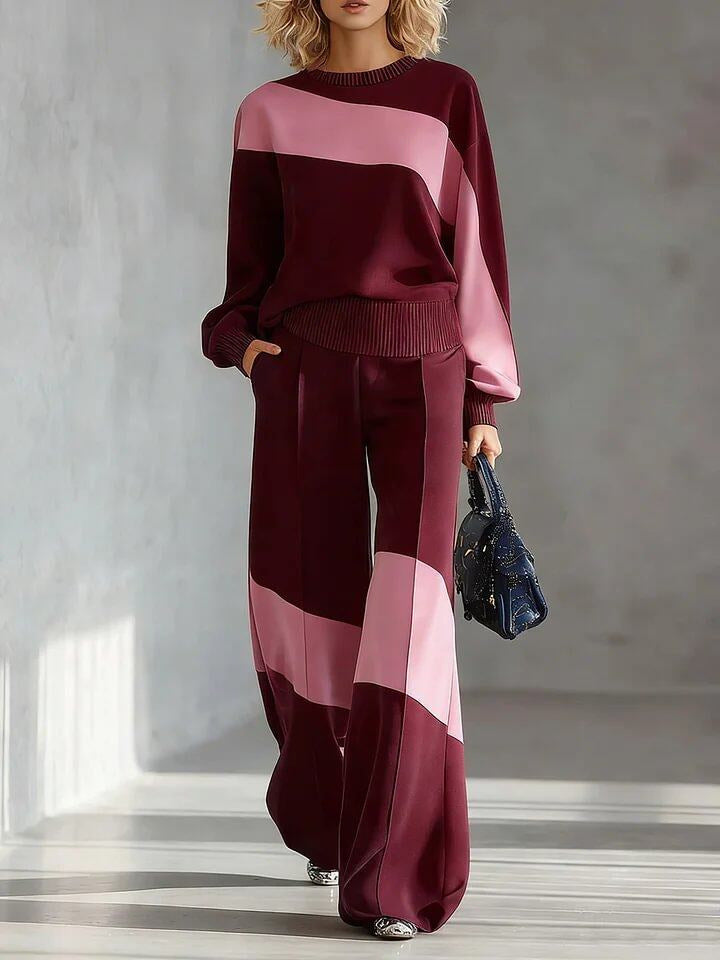 Colorblock Patchwork Crew Neck Long Sleeve Wide Leg Pant Set | Zaria Collection