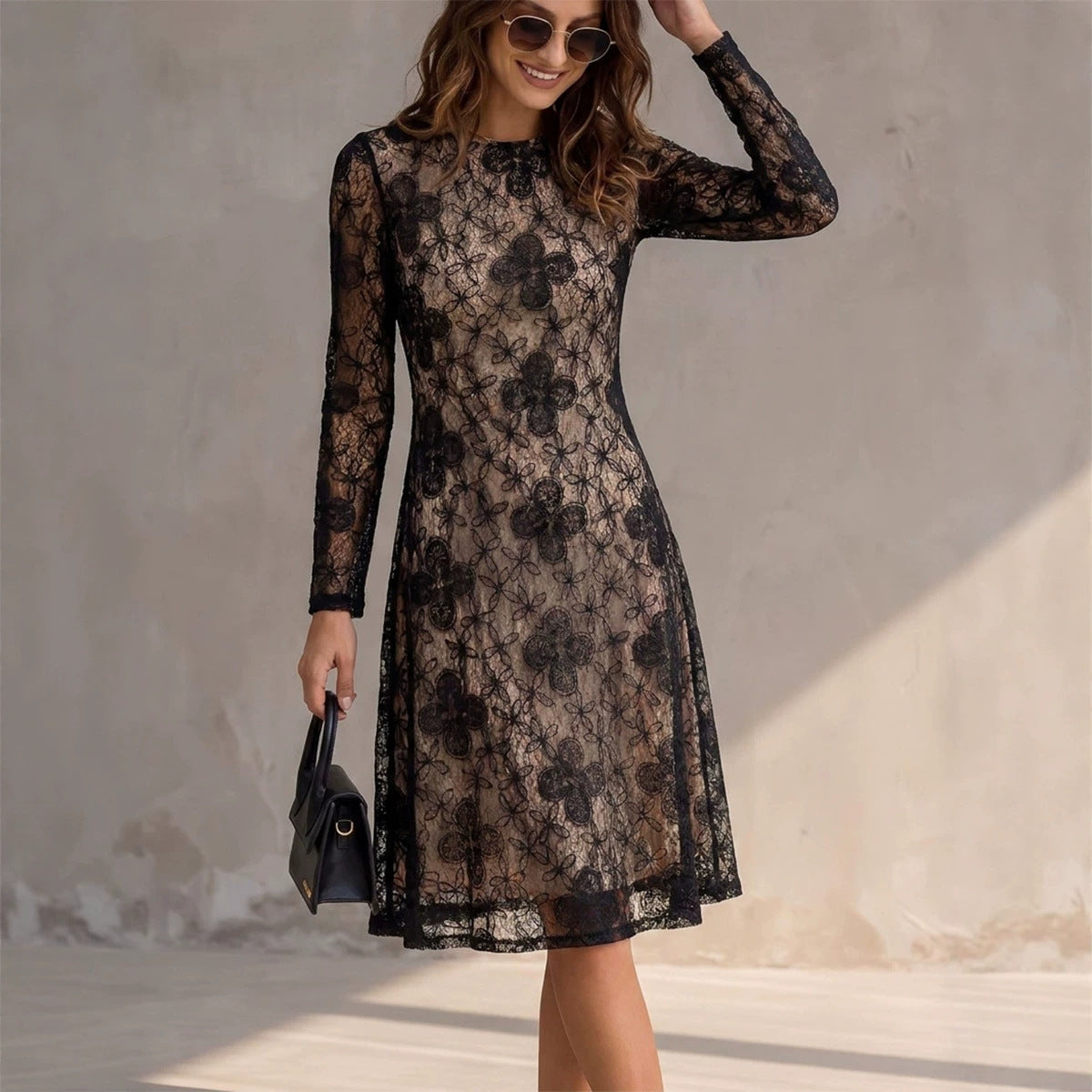 Floral Lace Round Neck Long Sleeve A-Line Midi Wedding Guest Dress | Selora Collection