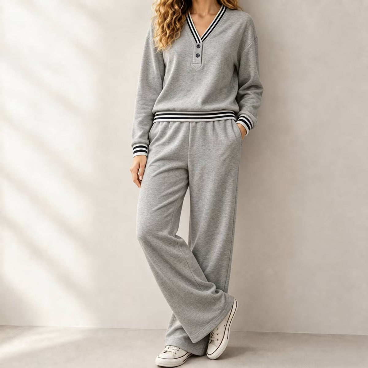 Women's Knitted Autumn Pant Set | Loose V-Neck Two-Piece Tracksuit