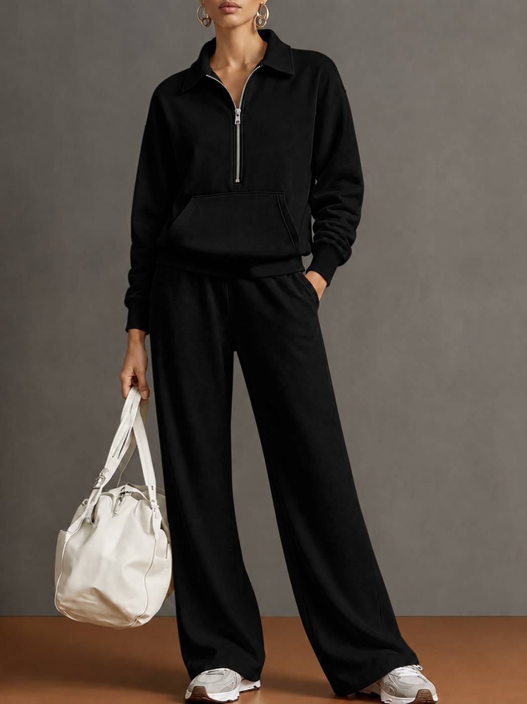 Women's Solid Zip Sweatshirt Tracksuit | Casual Oversized Autumn Set