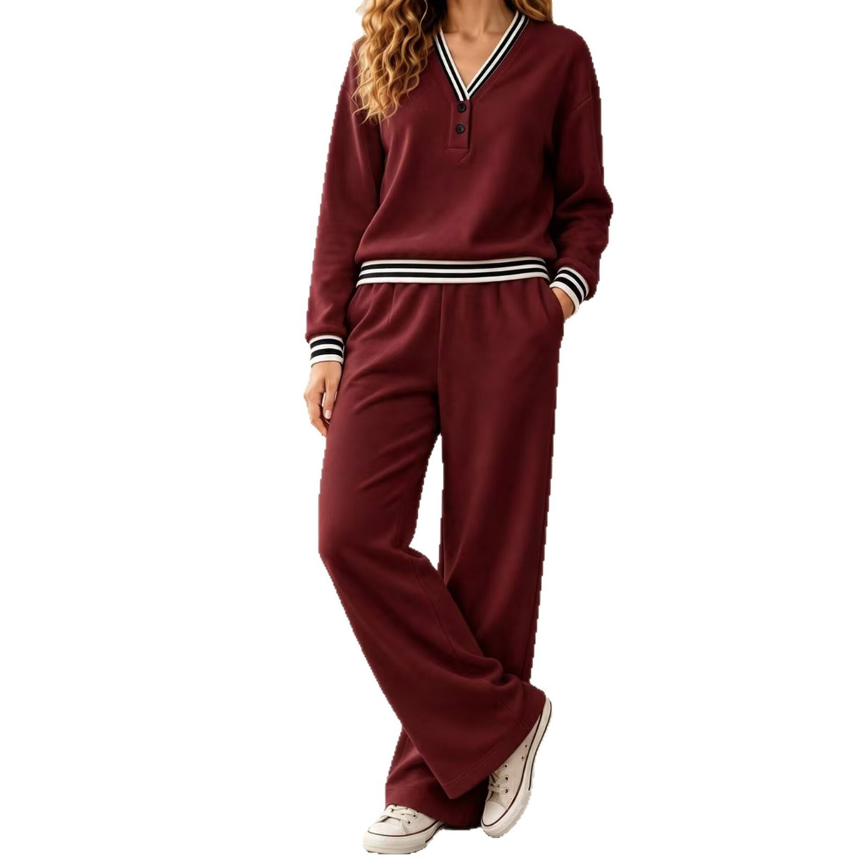 Women's Knitted Autumn Pant Set | Loose V-Neck Two-Piece Tracksuit