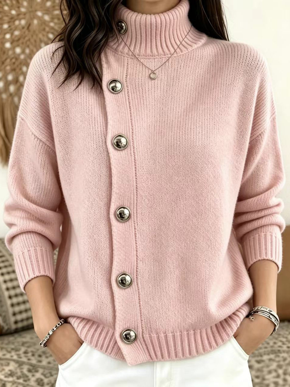 Women's Solid Knit Winter Sweater | Loose Fit Metal Button Cardigan