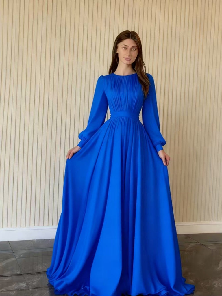 Button U-Neck Princess Sleeve A-Line Maxi Evening Dress | Solstice