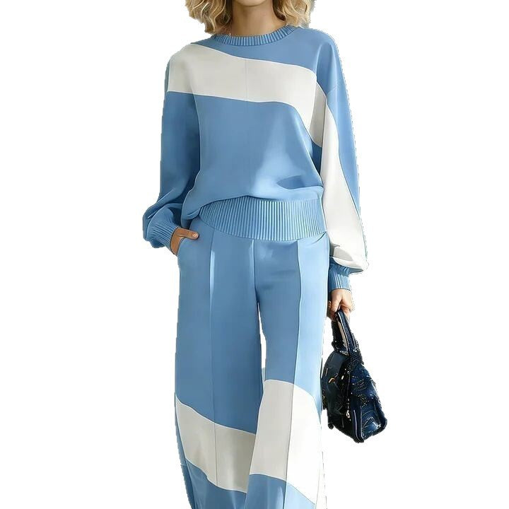 Colorblock Patchwork Crew Neck Long Sleeve Wide Leg Pant Set | Zaria Collection