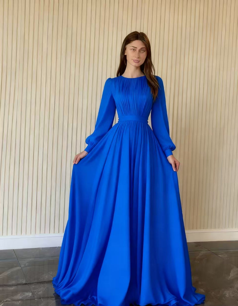 Button U-Neck Princess Sleeve A-Line Maxi Evening Dress | Solstice