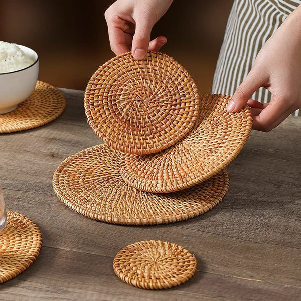 Handwoven Rattan Round Trivets – Earth-Toned Natural Heat Protectors